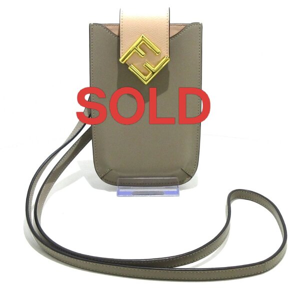 FENDI FF Diamond Phone Pouch Dove Gray (Beige) Pink Leather 696-050325 - Picture 1 of 9